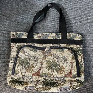 Vintage American Uni Tapestry Tote Bag Animals Zebra Giraffe African Zip